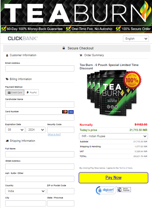 Tea Burn checkout page